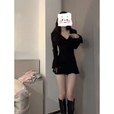 supernatural dress to impress Hepburn Style Black Collar Dress Tight Waist Long Sleeve Royal Sister Temperament Sheath Skirt